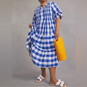 WHIT TWO Anthropologie Gingham Plaid Tiered Button Midi Dress